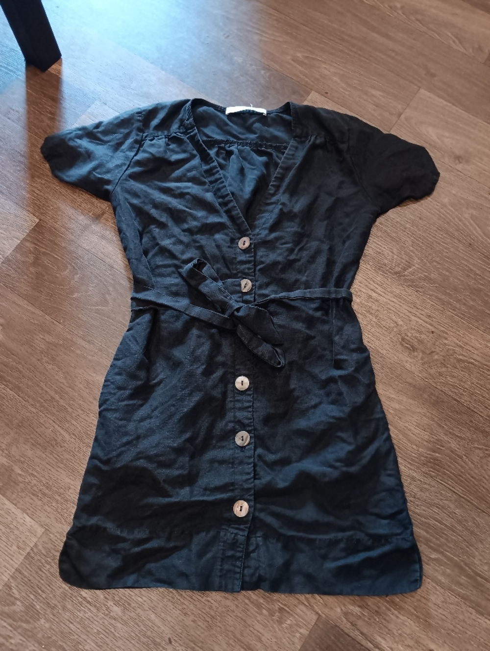 Anthropologie Stillwater Black Button-Front Mini Dress with Tie Waist